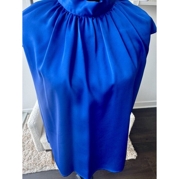 Shein Bright Blue Satin High Neck Sleeveless Tie Back Blouse Size Medium - Picture 2 of 7